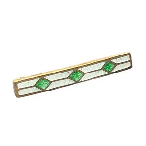 Art Nouveau guilloche white & green enamel gold tone bar brooch pin vintage